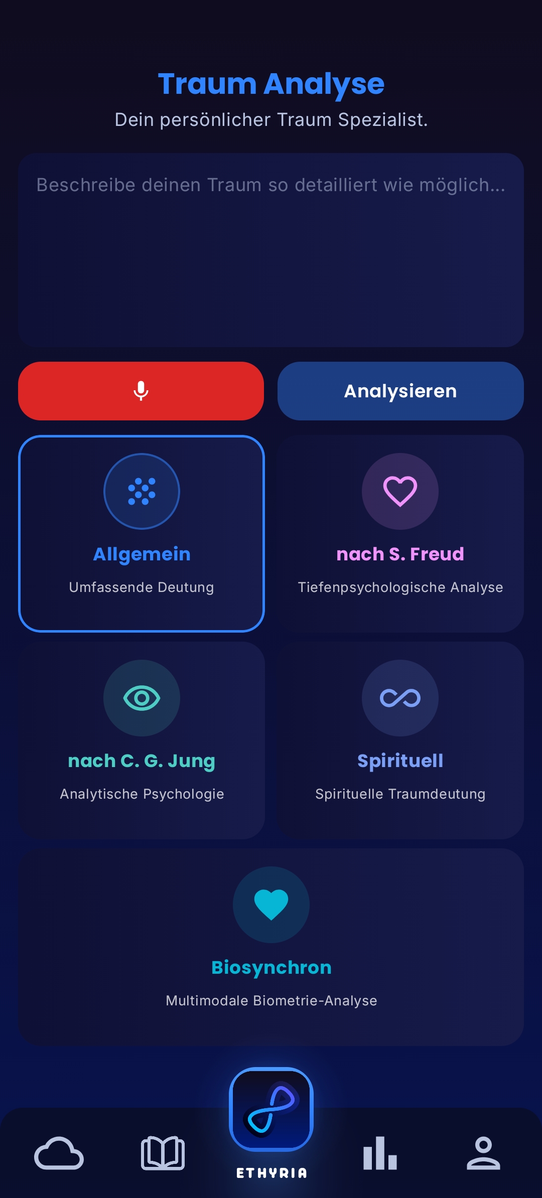 Ethyria Traumdeutung App. KI Analyse nach Freud und Jung