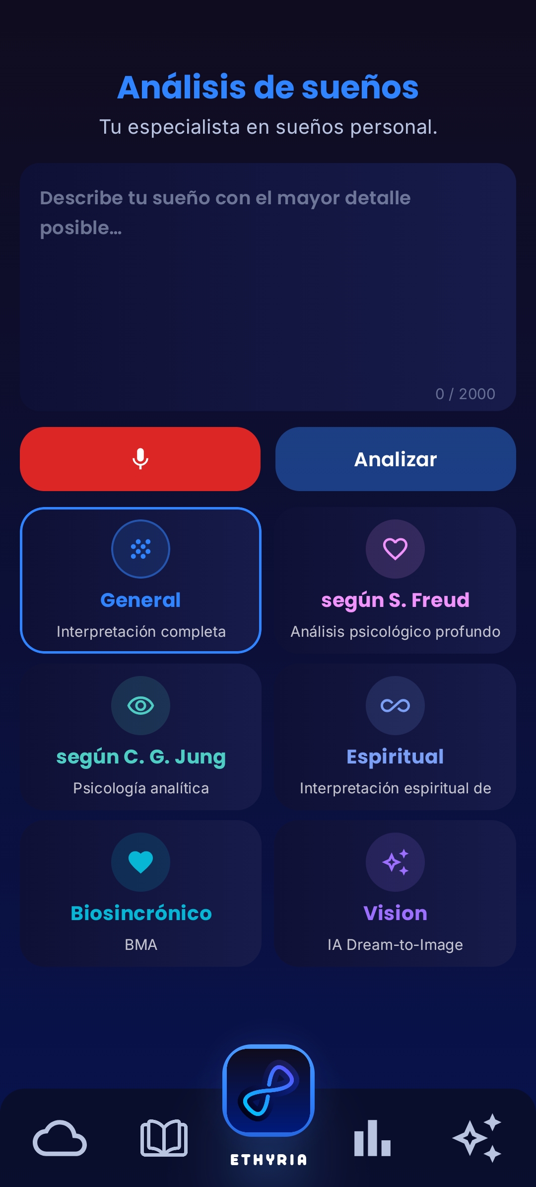 Pantalla de análisis de Ethyria: interpretación de sueños con IA según Freud y Jung