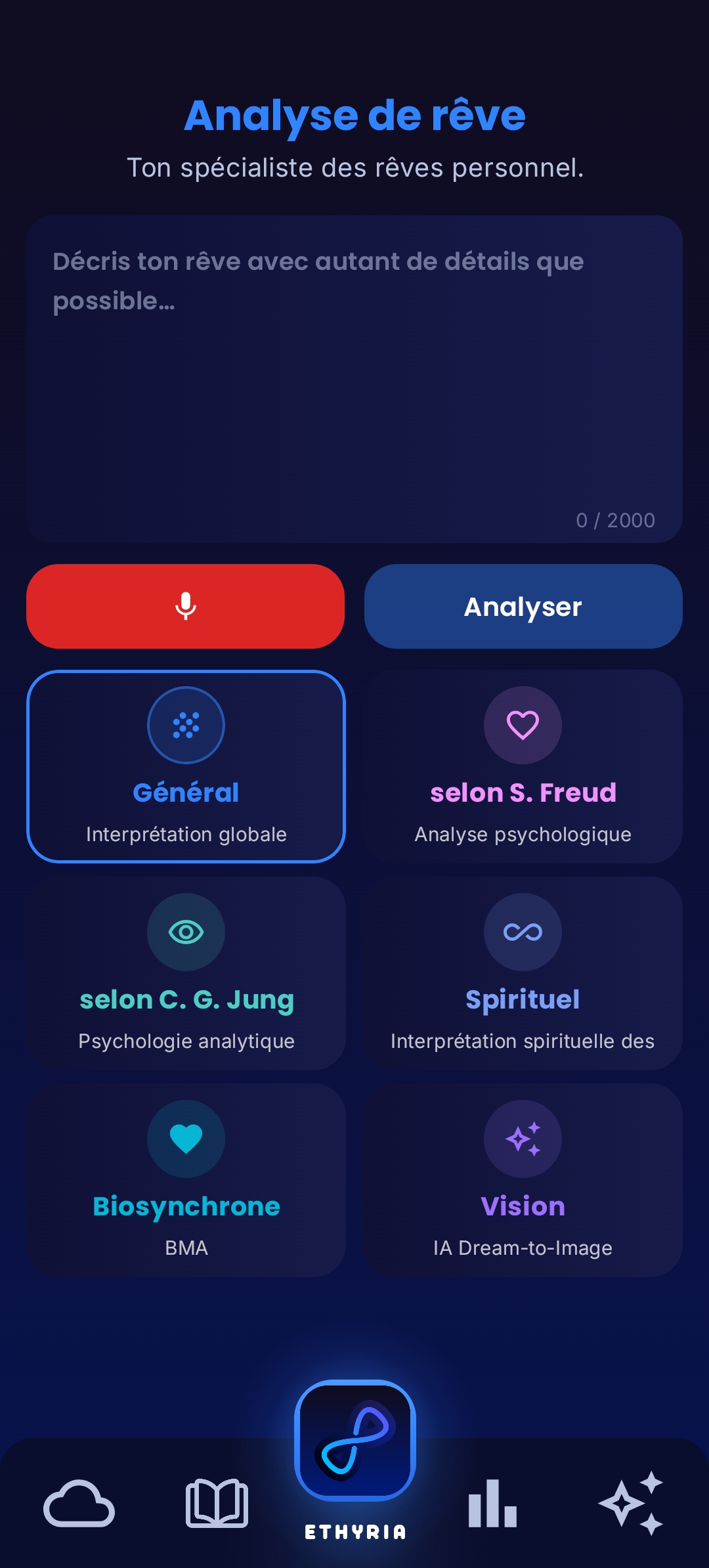 Écran d'analyse Ethyria: interprétation des rêves par IA
