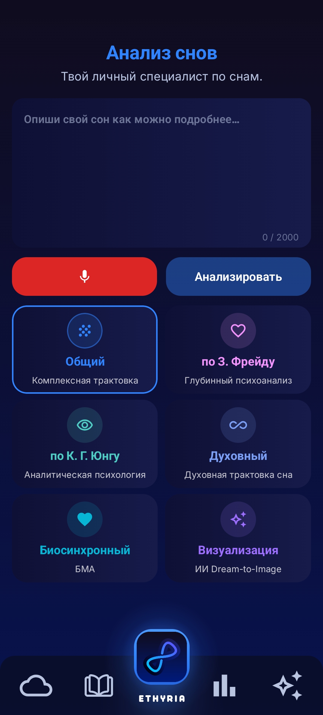 Экран анализа Ethyria : ИИ-толкование снов по Фрейду и Юнгу