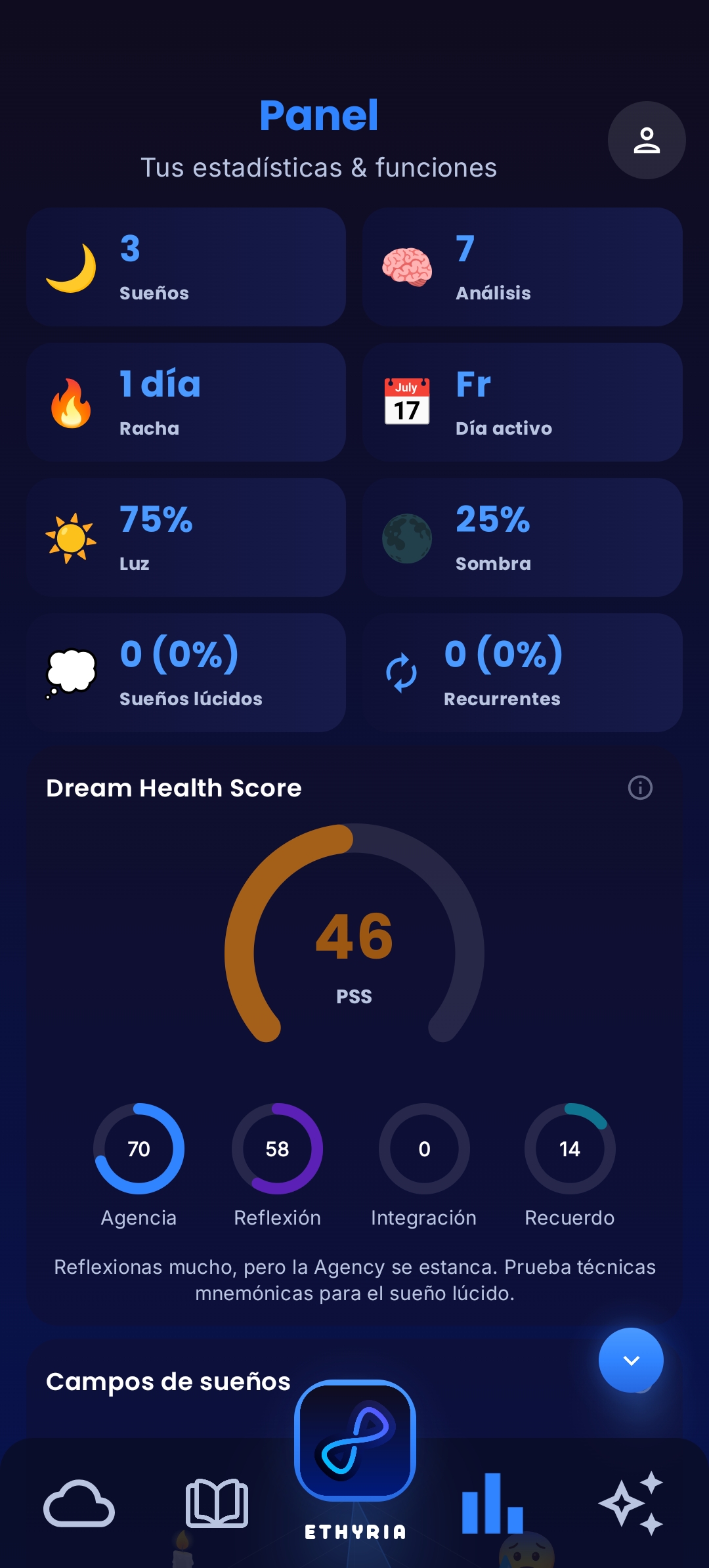 Estadísticas de Ethyria: seguimiento de patrones de sueños y emociones