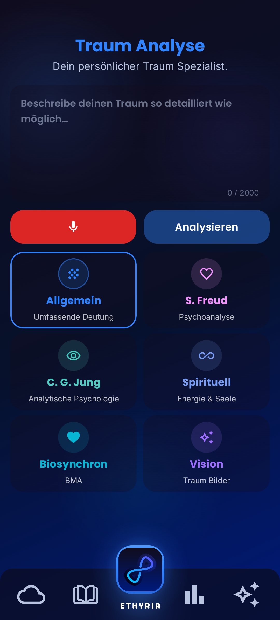 Screenshot der Ethyria Traumdeutung App: KI-Analyseergebnis zeigt psychologische Traumdeutung nach Freud und Jung mit Symbolen, emotionaler Kurve und Handlungsimpuls