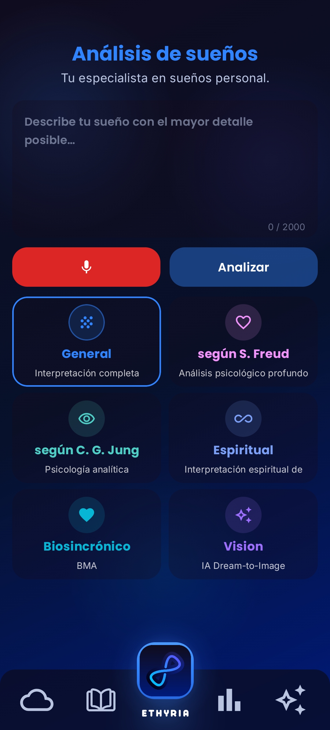 App Ethyria de interpretación de sueños. Análisis IA según Freud y Jung