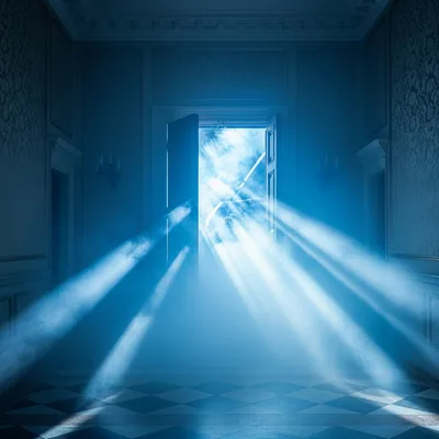 Von Ethyrias KI visualisierter Traum: geheimnisvoller blauer Korridor mit Lichtstrahlen