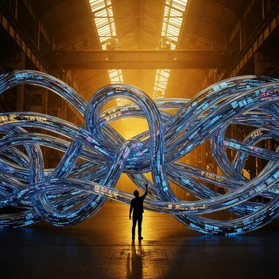 Ethyria KI-Traumsymbol: leuchtendes Datennetzwerk schwebt in einem weiten dunklen Raum