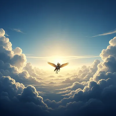 KI-generierte Traumszene: Pegasus erhebt sich durch goldene Wolken und Sonnenlicht